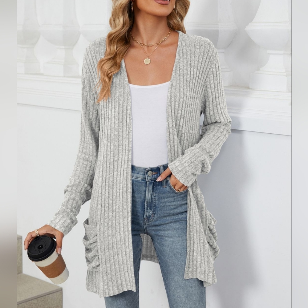 Gray Ribbed Open Front Cardigan - Picture 1 of 10